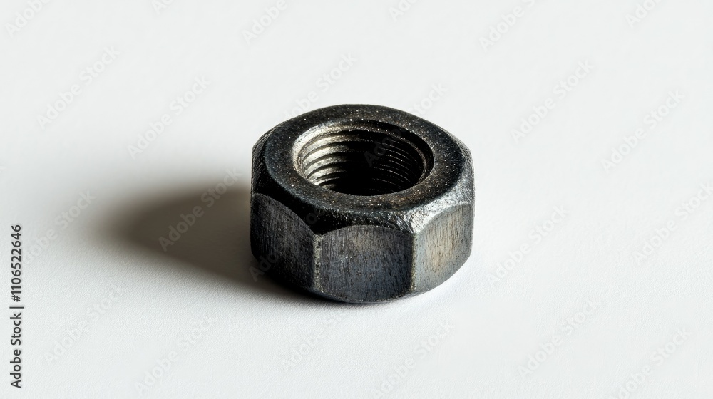 Aufkleber metallic hex nut on a plain surface with soft shadows