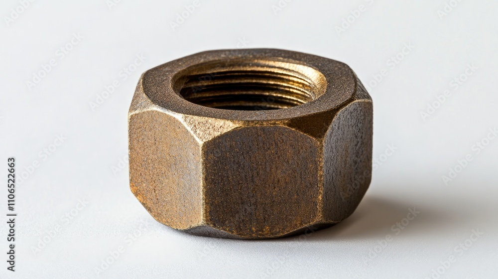 Poster close-up of a rusty hexagonal nut on a light background