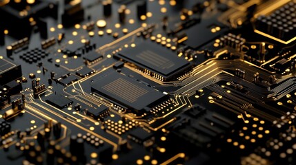 Close-Up View of a Complex Electronic Circuit Board with Gold-Plated Components and Intricate Patterns for Technology and Innovation Themes
