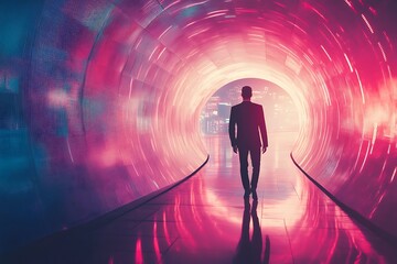 Abstract Futuristic Tunnel, Businessman Walking Towards Future