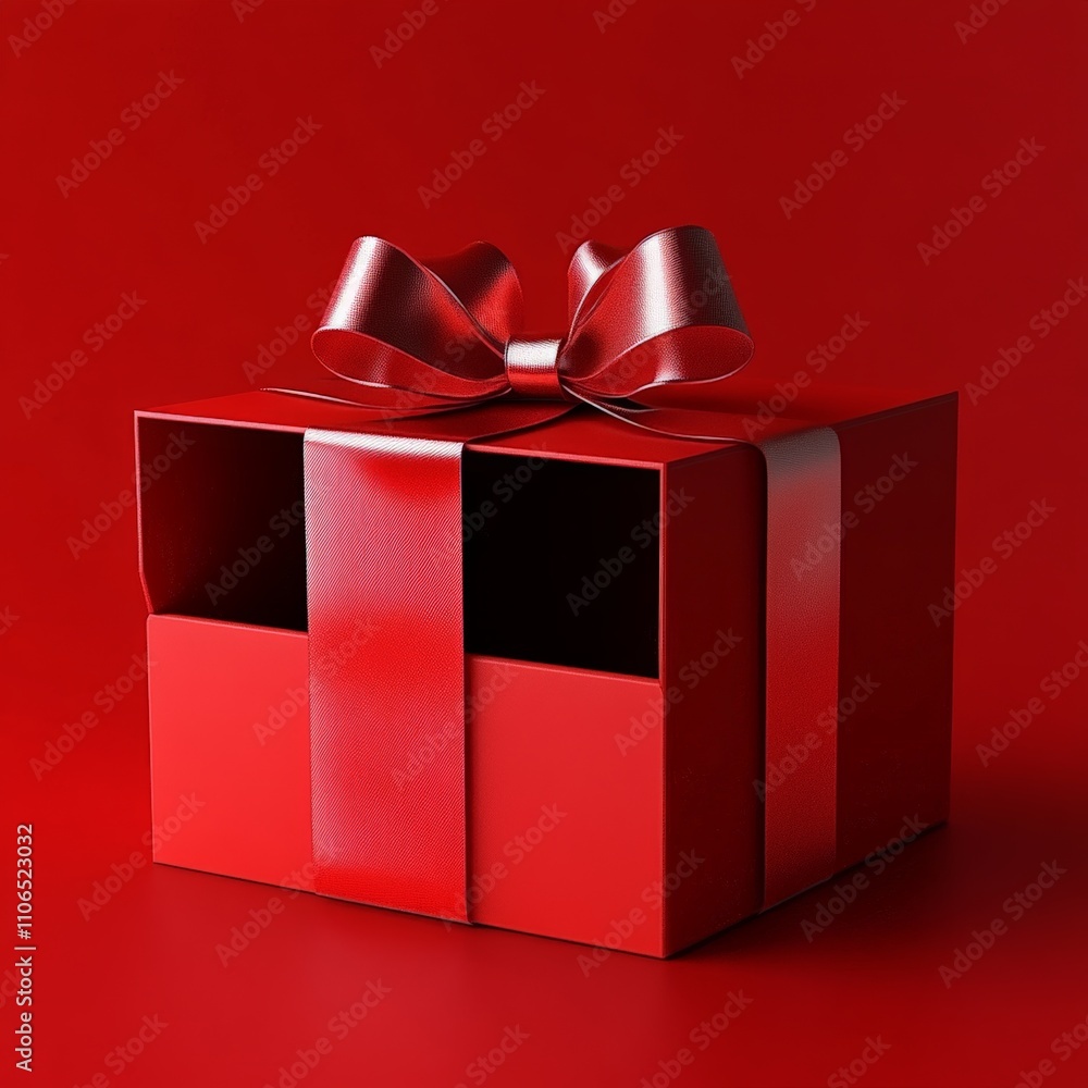 Poster minimalist open red gift box with satin bow on glossy red background in elegant festive design