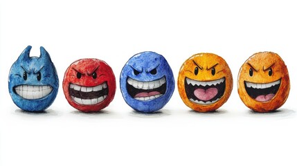 Colorful Cartoon Emoticons Displaying Various Expressions, Representing Emotions of Anger, Joy, Sadness, and Mischief in a Fun and Playful Style