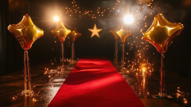 Vintage Hollywood New Year's party setup with gold star balloons, red carpet, and spotlight effects