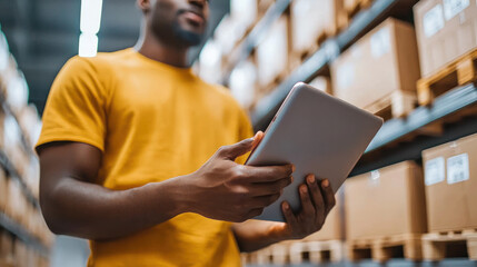 Efficient warehouse worker using tablet to monitor stock levels in busy storage area. focus is on inventory management and organization