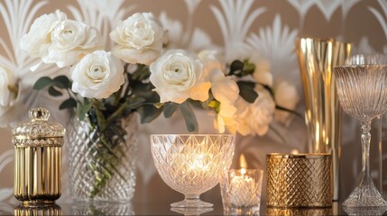 Vintage-inspired Gatsby decor featuring bold gold accents, crystal vases, and luxurious art deco patterns