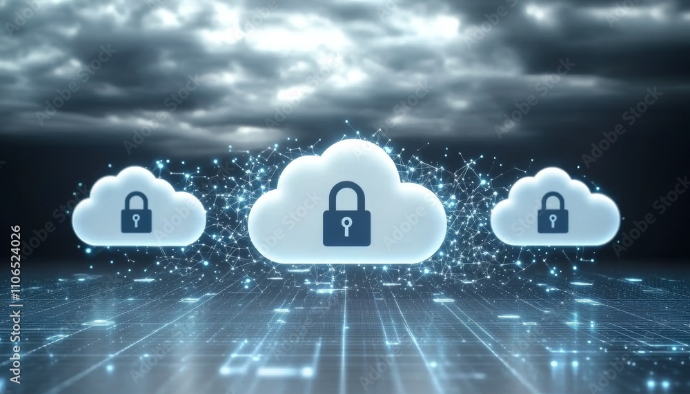 Poster secure cloud storage with blue padlocks on digital grid background