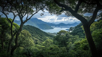 Obraz premium Scenic View of Lush Green Mountains and Calm Water Under Clouds