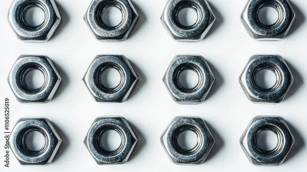 Poster metallic nuts arranged in grid pattern on clean white background