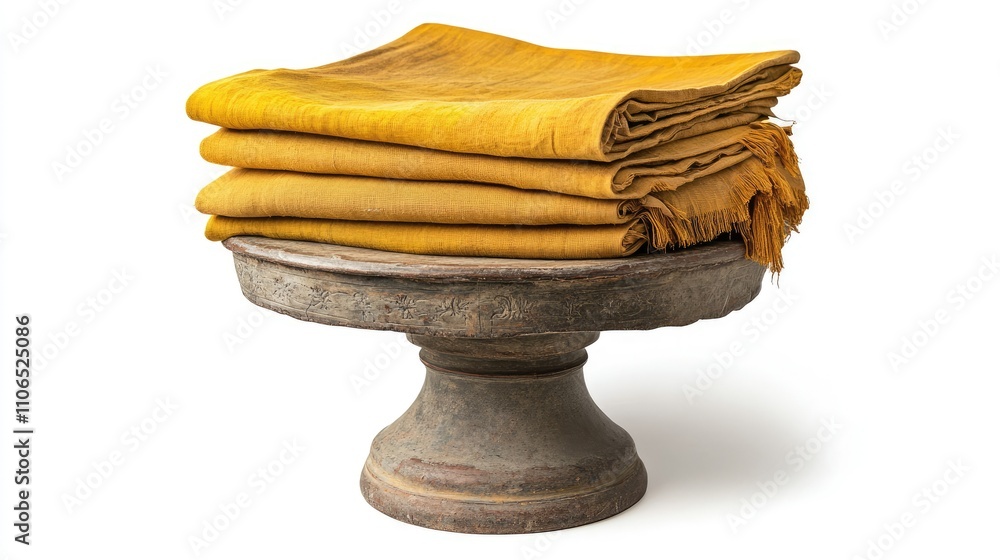 Poster stack of yellow textiles on rustic stone pedestal display