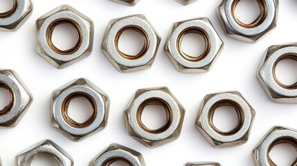 Close-Up of Various Steel Nuts on White Background