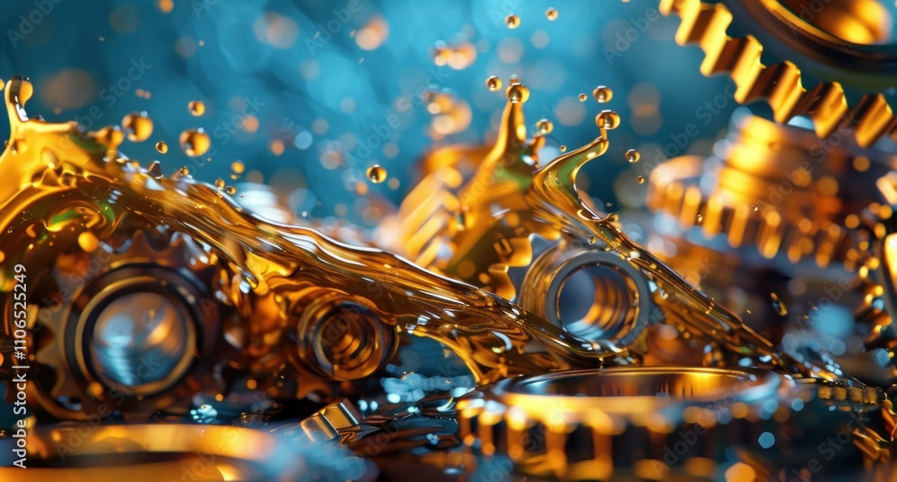 Poster abstract composition of golden gears and liquid splashes immersing in blue background, representing 
