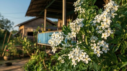 Blooming White Flowers Near an Rustic House in Bright Sunlight