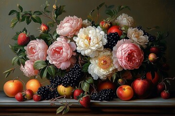 Vintage Floral Still Life with Peonies Roses and Fruits in Classical Style © video