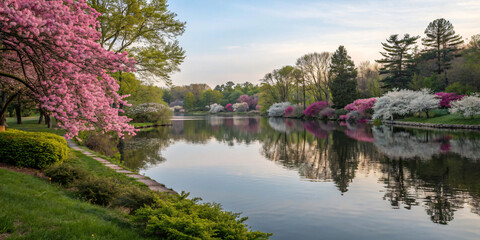 Fototapeta premium calm lake surrounded by flowering trees reflecting in the water