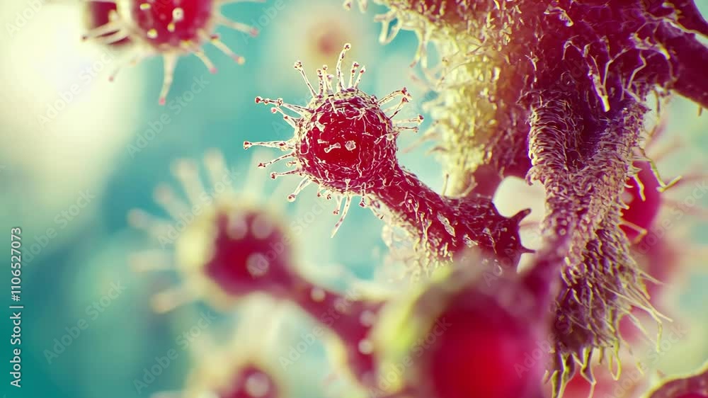 Poster complex microscopic view of virus-like structures with intricate details, showcasing their shapes an