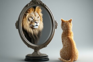 Cat Facing Lion in Mirror Concept	