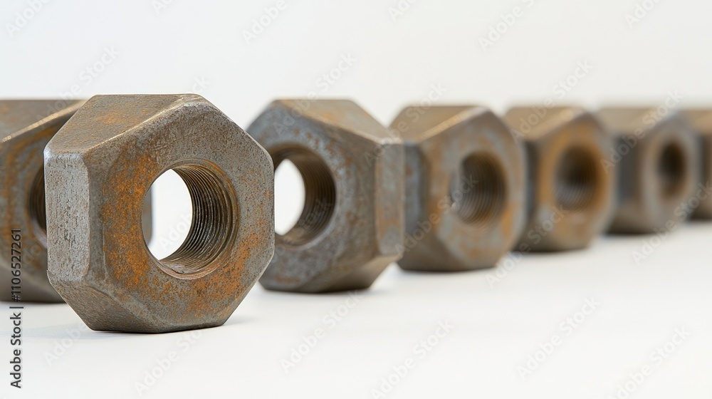 Poster row of rusty hexagonal nuts on a white background for industry