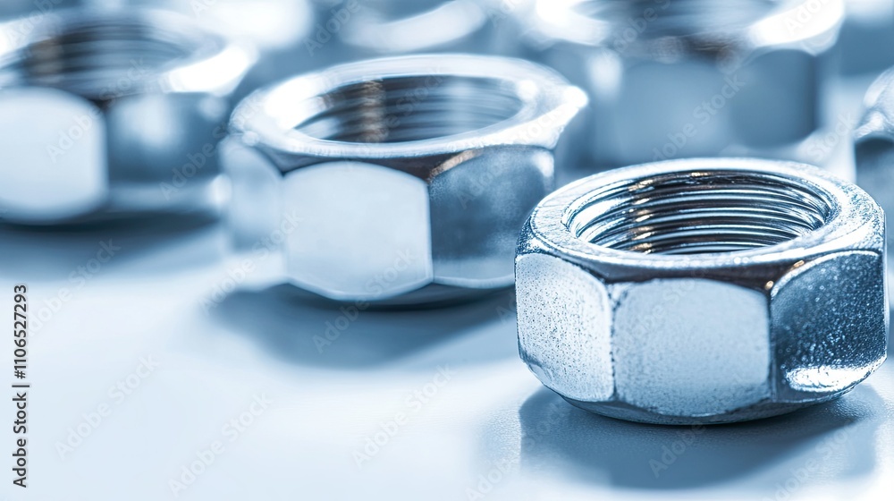 Poster close-up view of silver metallic nuts on soft background surface