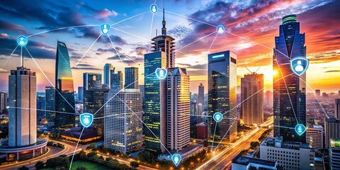 Fototapeta premium Architectural Photography Showcasing Web Security and VPN Concepts in Global Economic Context with Modern Buildings and Technology Integration