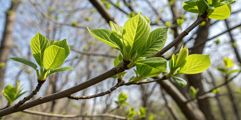 Obraz premium close-up of fresh green leaves unfurling on tree branches
