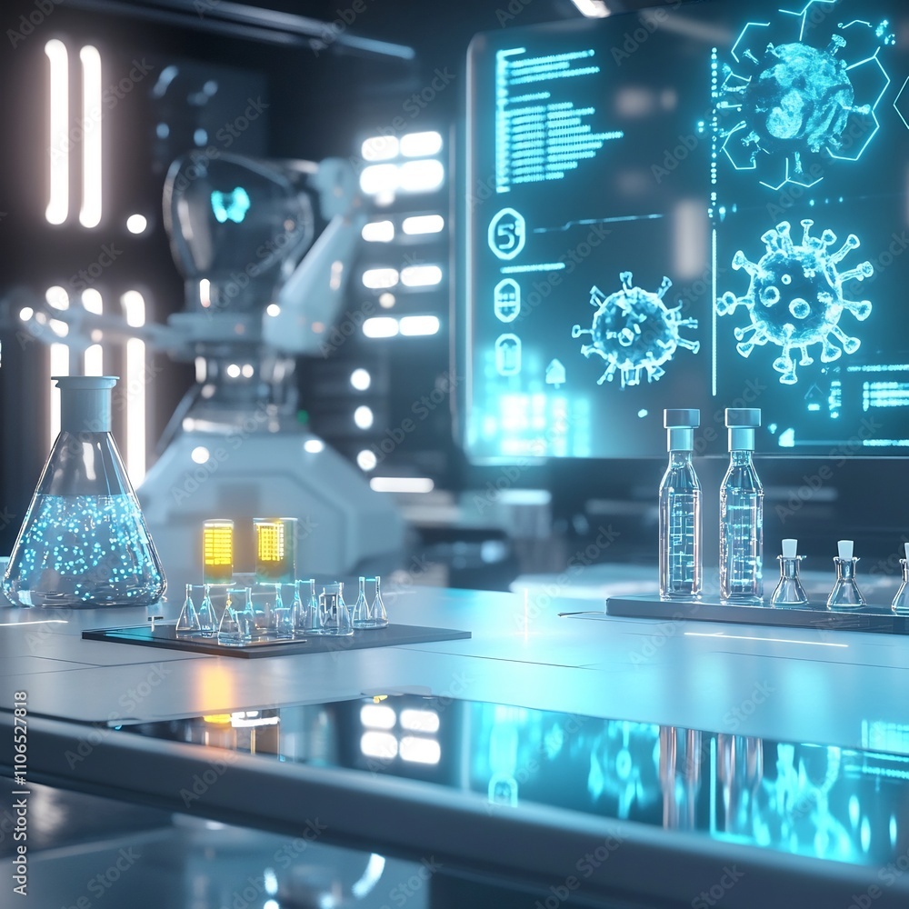 Aufkleber a clean and futuristic scientific workspace with glowing vials robotic analyzers and holographic dat