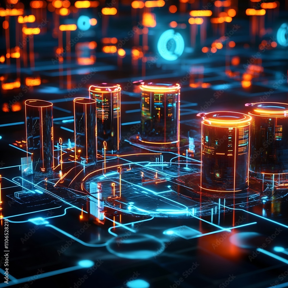 Poster a conceptual design showcasing a futuristic renewable energy grid with interconnected holographic mo