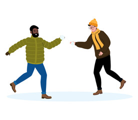 Friends engaged in a playful snowball fight during winter fun in a snowy setting