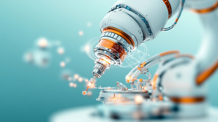 A close-up of a highly advanced robotic AI arm conducting a precise experiment, featuring glowing orange accents, holographic data projections, and a clean futuristic environment.