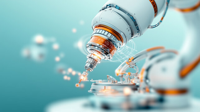 A close-up of a highly advanced robotic AI arm conducting a precise experiment, featuring glowing orange accents, holographic data projections, and a clean futuristic environment.