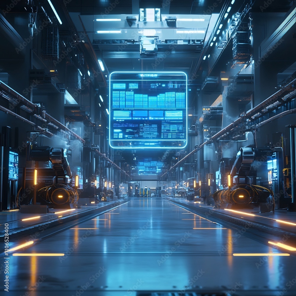 Poster a cutting edge futuristic warehouse showcasing the of robotic systems holographic data interfaces an