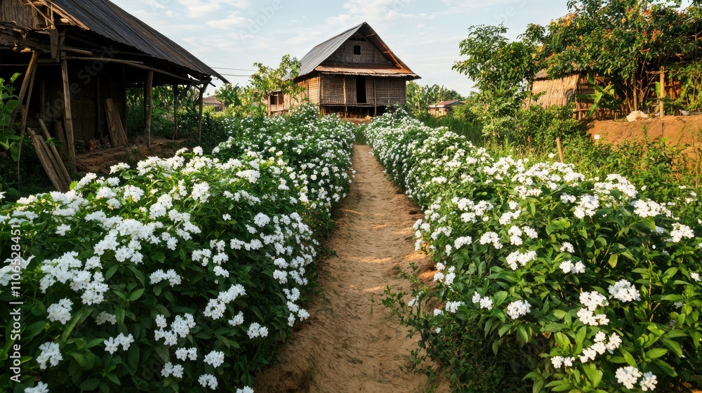 Poster serene pathway through flower fields with rustic house in background