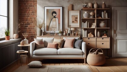 Cozy Living Room with Rustic Brick Wall and Stylish Design