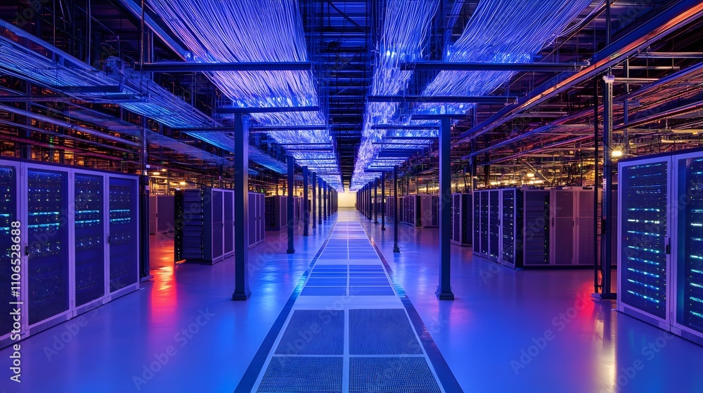 Poster a long hallway with many computer servers. the servers are lit up in different colors. scene is brig