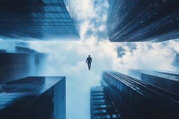 Floating Man in a Cityscape. Concept of freedom, isolation, and urban surrealism.