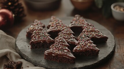 Festive Chocolate Tree-Shaped Cookies Decorated with Sprinkles