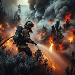 Obraz premium Firefighter Battling a Fierce Forest Fire with Bravery and Resilience
