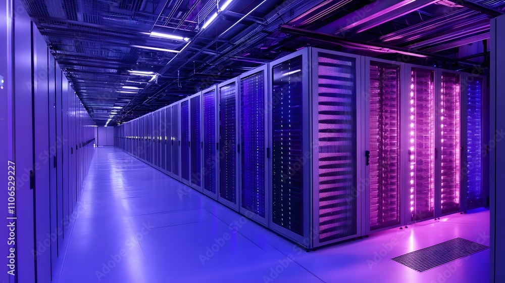 Poster a long hallway with many computer servers. the servers are lit up in different colors. scene is brig