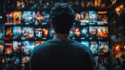 Obraz premium Man Looking at Wall of Screens