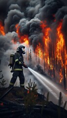 Obraz premium Firefighter Battling a Fierce Forest Fire with Bravery and Resilience