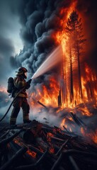 Obraz premium Firefighter Battling a Fierce Forest Fire with Bravery and Resilience