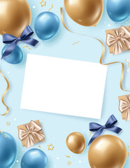 Birthday frame greeting card clipart. Happy birthday invitation card with balloons and gift boxes elements for greetings and wishes design. Vector illustration blue greetings card clip art. 

