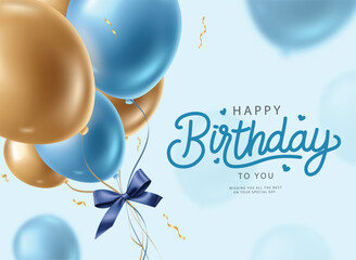 Happy birthday greeting card clipart. Birthday wishes and greeting text with balloons bunch floating in blue background. Vector illustration boy invitation card clip art.   
