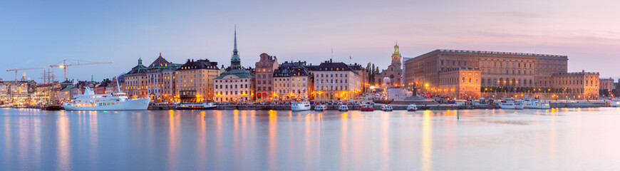 Panoramic view of the old town city waterfront at sunset, Stockholm, Sweden