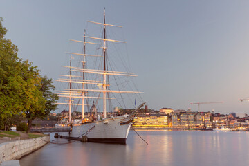 Close-up of a historic sailing ship with masts and detailed rigging, moored in Stockholm, Sweden