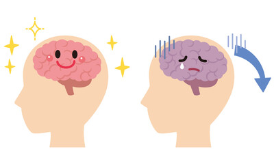 元気な脳とストレスを受けた脳　脳のイメージ　健康