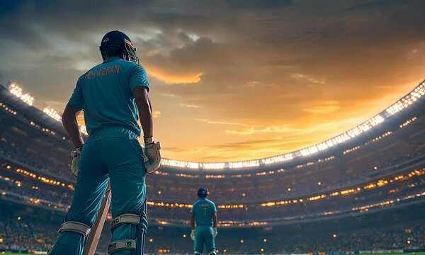 A cricket player stands on the pitch, ready to bat, as the sunset illuminates the stadium and the crowd.