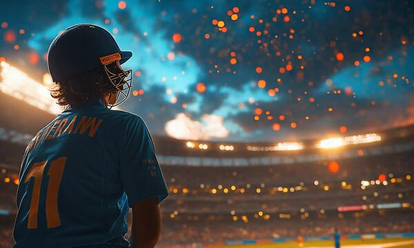 A cricket player stands in the outfield of a stadium, looking out towards the game, with the bright lights and crowd blurred in the background.