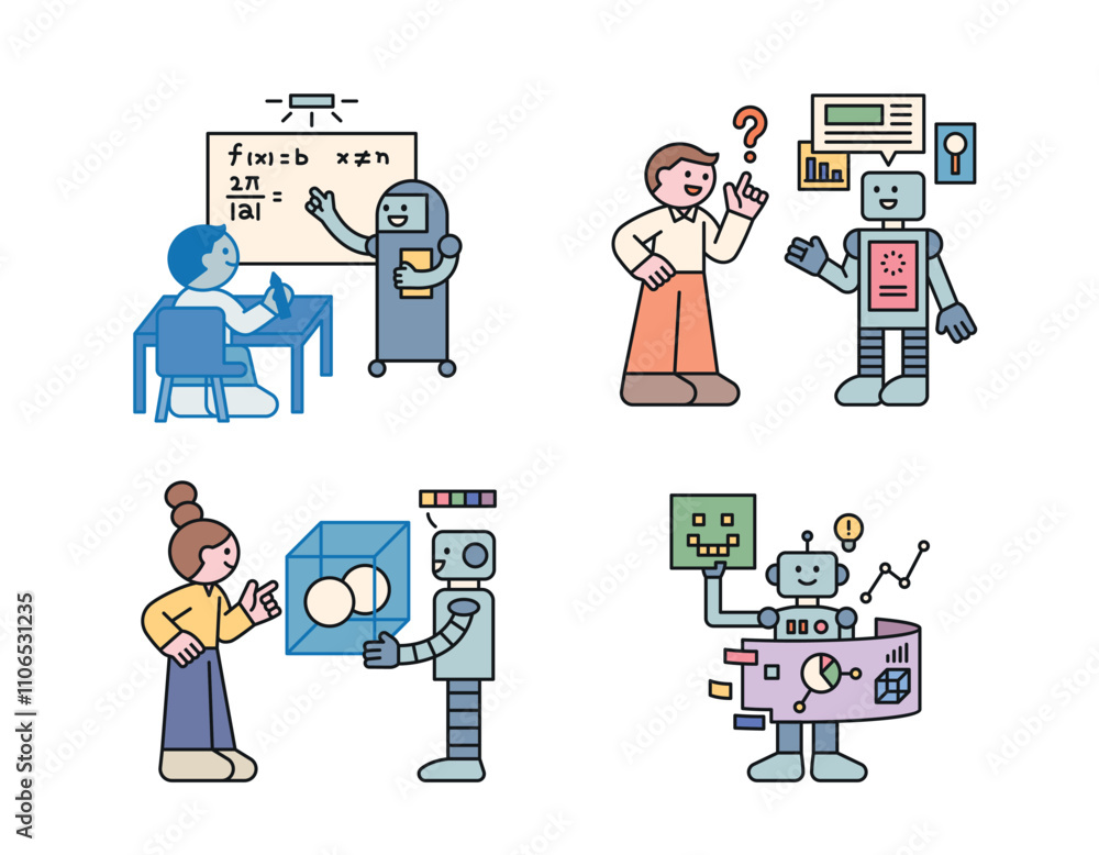 Poster cute people are studying, searching data, and visualizing samples with the help of robots. cuttiny c