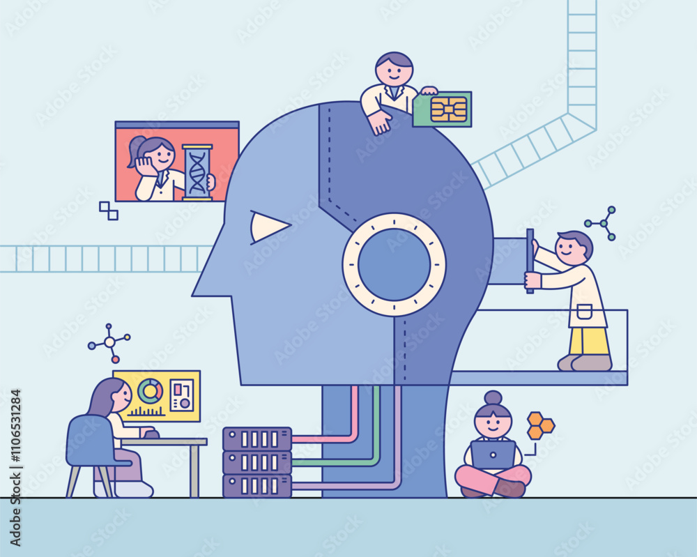 Poster cute scientists are studying a giant robot head. cuttiny character with outline.