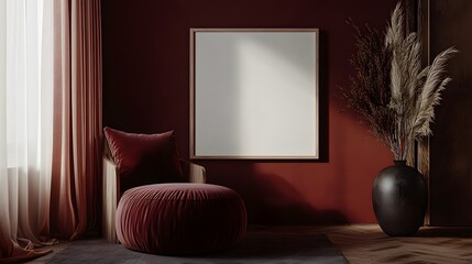 Stylish burgundy velvet armchair and pampas grass in a modern, minimalist room with a blank canvas for your design.